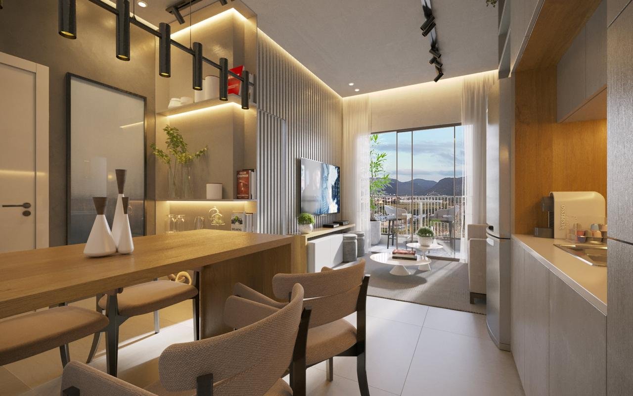Perspectiva ilustrativa do living integrado do loft