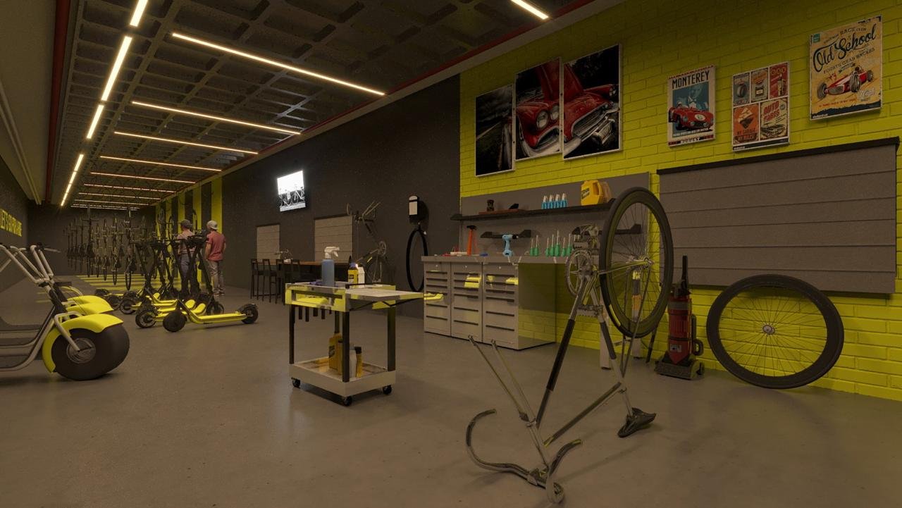 Perspectiva ilustrativa do bicicletário e oficina compartilhada